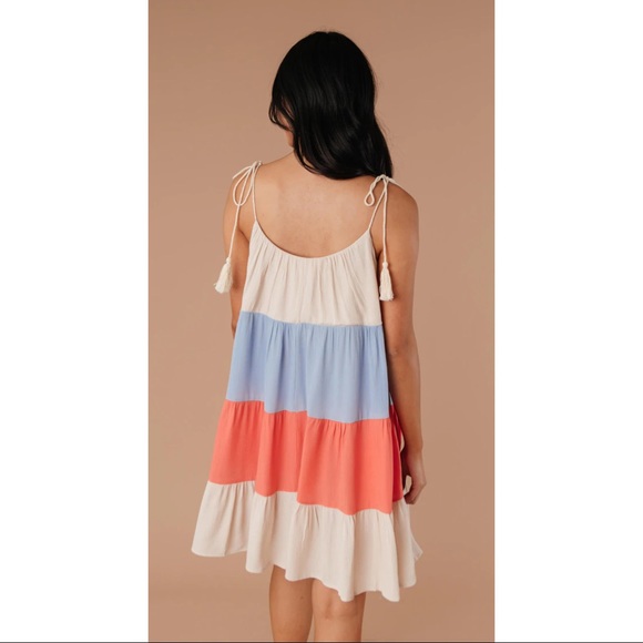 143 Story Color Block Tiered Mini Dress in Tan, Blue and Orange, Size Large - Picture 4 of 7
